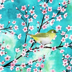 Sakura Cherry blossoms with japanese white eye birds - a watercolor painted spring design