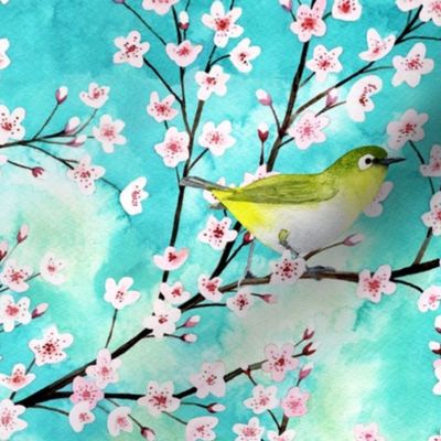Sakura cherry blossoms with whit japanese eyed birds