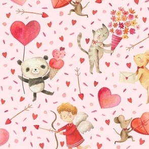 Watercolor Valentine's Day Animals + Hearts {Pink} Medium Scale