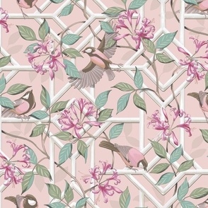 Victorian Garden Trellis with Birds - Posie Pink