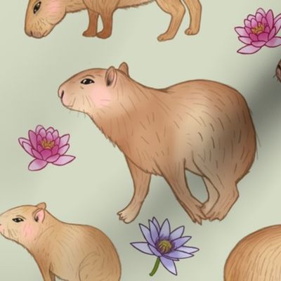 Jumbo Capybara and Water Lilies on Soft Green by Brittanylane