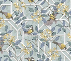 Victorian Garden Trellis with Birds - Yellows and Blues
