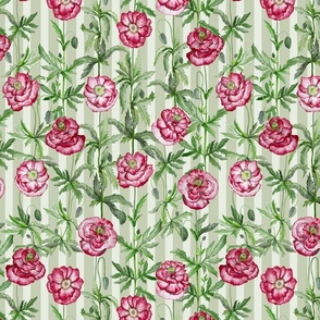 shirley poppies on stripes small scale - soft mint