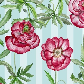 shirley poppies on stripes - duck egg