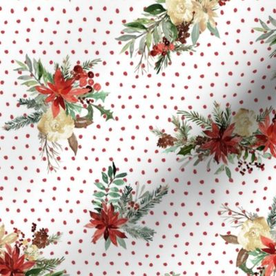 Watercolor Christmas Flowers on Red Polka Dots