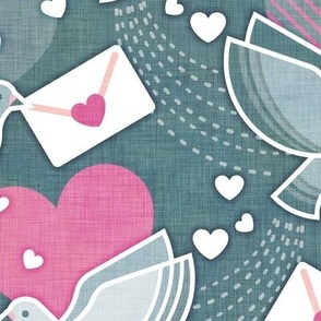 Love Letters- Dark Teal Background Large- Valentine- Lovecore- Hearts- Love Bird- Love Letter- Pink- Turquoise Blue