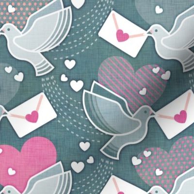 Love Letters- Dark Teal Background Medium- Valentine- Lovecore- Hearts- Love Bird- Love Letter- Pink- Turquoise Blue