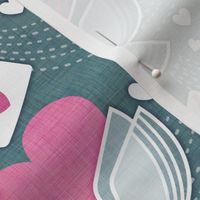 Love Letters- Dark Teal Background Medium- Valentine- Lovecore- Hearts- Love Bird- Love Letter- Pink- Turquoise Blue