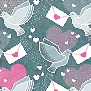 Love Letters- Dark Teal Background Medium- Valentine- Lovecore- Hearts- Love Bird- Love Letter- Pink- Turquoise Blue