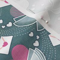 Love Letters- Dark Teal Background Small- Valentine- Lovecore- Hearts- Love Bird- Love Letter- Pink- Turquoise Blue