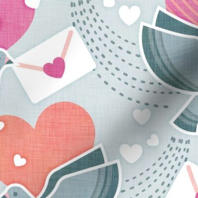 Love Letters- Light Teal Background Large- Valentine- Lovecore- Hearts- Love Bird- Love Letter- Pink- Salmon- Coral- Rose-Turquoise Blue