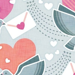 Love Letters- Light Teal Background Large- Valentine- Lovecore- Hearts- Love Bird- Love Letter- Pink- Salmon- Coral- Rose-Turquoise Blue