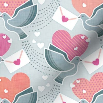 Love Letters- Light Teal Background Medium- Valentine- Lovecore- Hearts- Love Bird- Love Letter- Pink- Salmon- Coral- Rose-Turquoise Blue