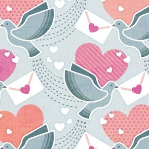 Love Letters- Light Teal Background Medium- Valentine- Lovecore- Hearts- Love Bird- Love Letter- Pink- Salmon- Coral- Rose-Turquoise Blue