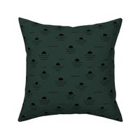 Minimalist boho style sunset and waves abstract ocean design freehand strokes black on pine green