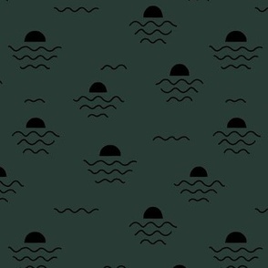 Minimalist boho style sunset and waves abstract ocean design freehand strokes black on pine green