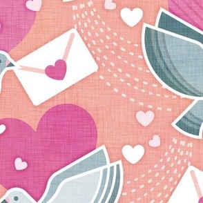 Love Letters- Coral Background Large- Valentine- Lovecore- Hearts- Love Bird- Love Letter- Pink- Salmon- Coral- Rose-Turquoise Blue