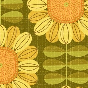 Retro Sunflower Pattern barkcloth texture olive XL wallpaper scale by Pippa Shaw