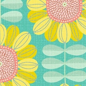 Retro Sunflower Pattern barkcloth texture turquoise XL wallpaper scale by Pippa Shaw