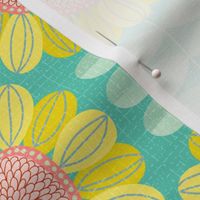 Retro Sunflower Pattern barkcloth texture turquoise L wallpaper scale by Pippa Shaw