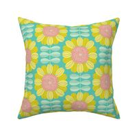 Retro Sunflower Pattern barkcloth texture turquoise L wallpaper scale by Pippa Shaw