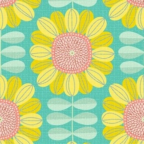 Retro Sunflower Pattern barkcloth texture turquoise L wallpaper scale by Pippa Shaw