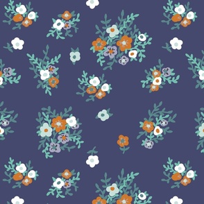 Medium Blue Floral 80s 70s retro vintage flowers green rust