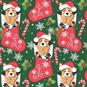 Corgi Puppy Christmas Stocking green & red candy cane Santa Hat  Holiday Dog Fabric Blanket