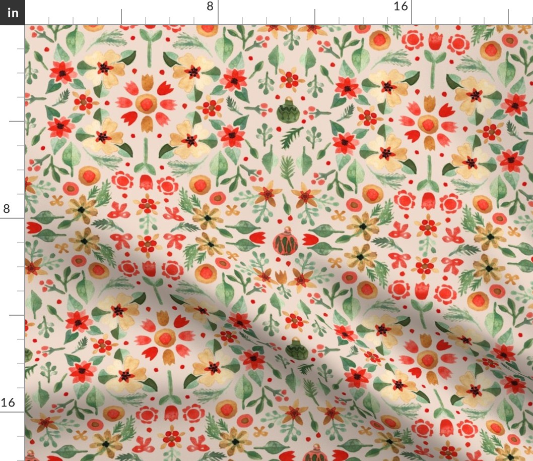 Watercolor Christmas Florals and gingerbreads Light green on Blush Matching with petal solids Medium scale