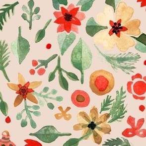 Watercolor Christmas Florals and gingerbreads Light green on Blush Matching with petal solids Large scale