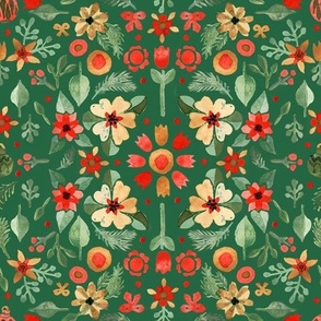 Watercolor Christmas Florals and gingerbreads Light green on Emerald green Matching with petal solids Medium scale