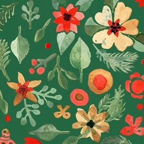 Watercolor Christmas Florals and gingerbreads Light green on Emerald green Matching with petal solids Large scale