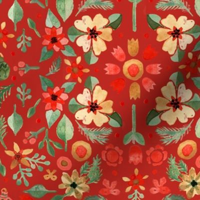 Watercolor Christmas Florals and gingerbreads Light green on Poppy red Matching with petal solids Medium scale