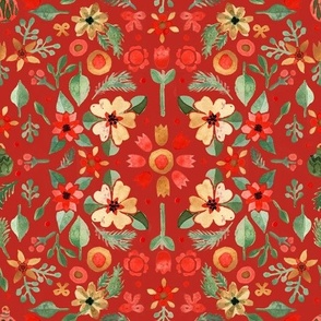 Watercolor Christmas Florals and gingerbreads Light green on Poppy red Matching with petal solids Medium scale