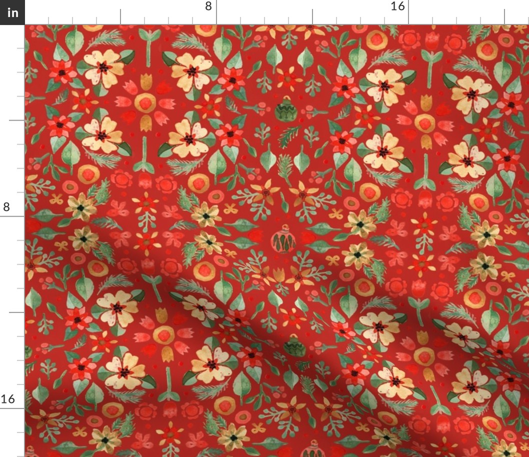 Watercolor Christmas Florals and gingerbreads Light green on Poppy red Matching with petal solids Medium scale