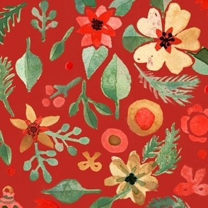 Watercolor Christmas Florals and gingerbreads Light green on Poppy red Matching with petal solids Large scale