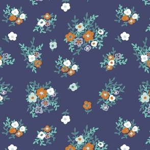 Small Blue Floral 80s 70s retro vintage flowers green rust