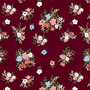 Small Burgundy Floral 70s 80s Retro Vintage Flowers Pink Blue Green