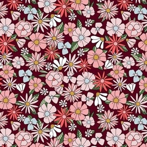 Small Floral in Pink Burgundy Blue Green Retro Vintage 70s 80s Flowers Botanical 