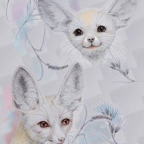 Fennec Foxes with Foxtail Grasses on Gray Background