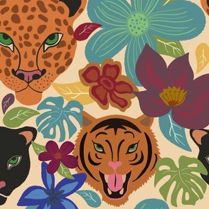 Tropical Jungle Floral + Big Cats on Natural / Tan