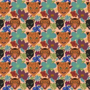 Tropical Floral with Big Tigers Leopards + Jaguars on Peach