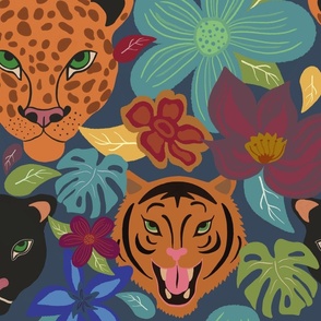 Tropical Jungle Floral Wildcats on Navy Blue