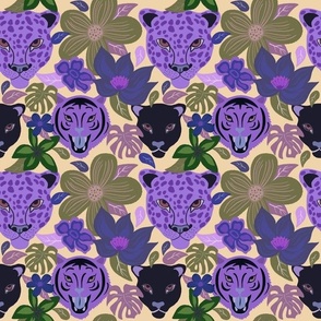 Tropical Jungle Floral + Big Cats in Purple on Natural / Tan