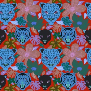 Tropical Jungle Floral + Big Cats in Red + Blue