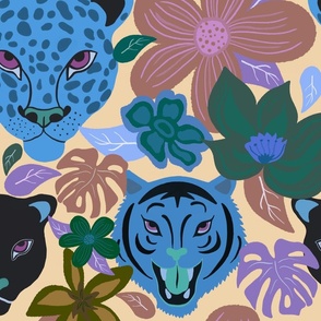 Tropical Jungle Floral + Big Cats in Blue on Natural