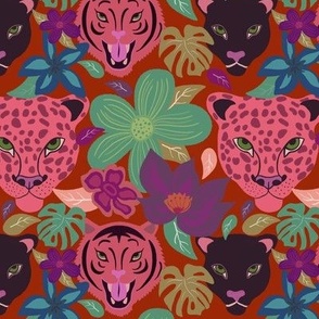 Tropical Jungle Floral + Big Cats in Pink