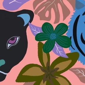Tropical Jungle Floral + Big Cats in Pink & Blue