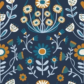 Arts and Crafts Folk Floral - Desert , fog and Teal on Navy - Medium Scale