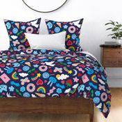 Kawaii Valentine - Cute multicoloured pastel design on Navy - Extra Large scale